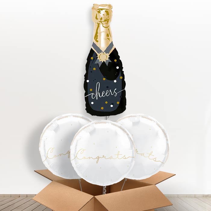 Cheers Black and Gold Bottle of Fizz Giant Helium Balloon in a Box | Giant Balloon + 3 Themed Balloons | Party Save Smile