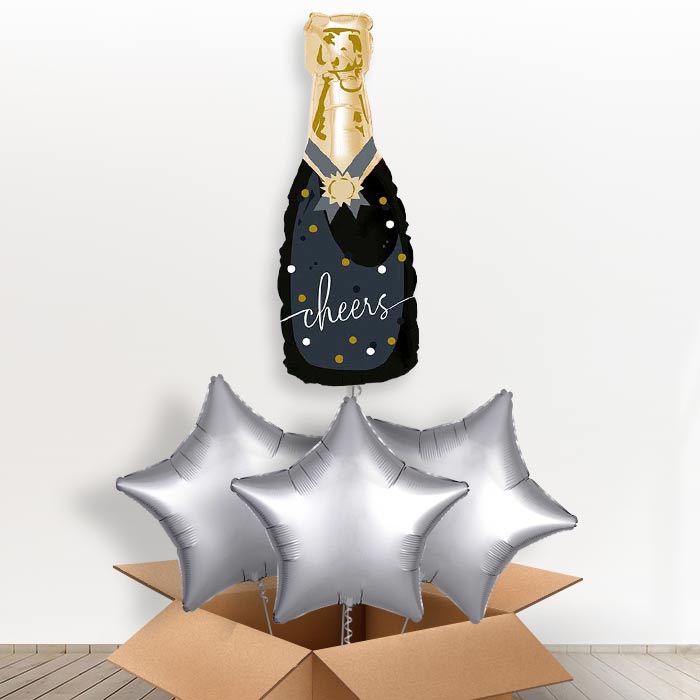 Cheers Black and Gold Bottle of Fizz Giant Helium Balloon in a Box | Giant Balloon + 3 Plain Balloons | Party Save Smile