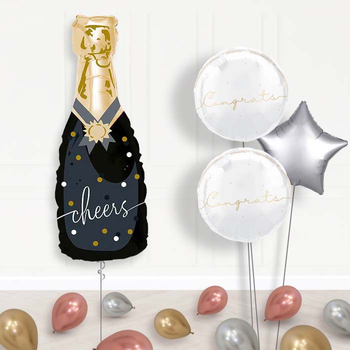 Cheers Black and Gold Bottle of Fizz Balloon Bouquet Delivery | Giant Balloon + 2 Themed Balloons + 1 Plain Balloon + Mini Balloons | Party Save Smile