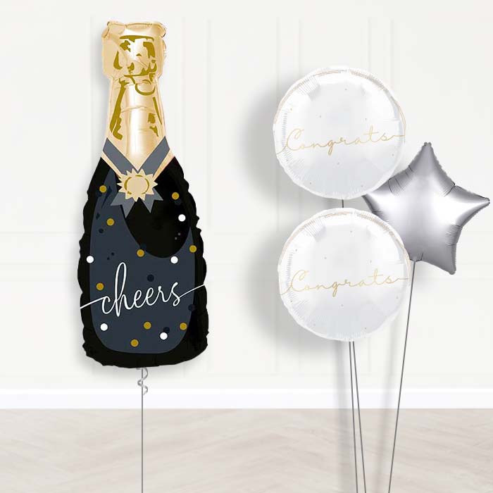 Cheers Black and Gold Bottle of Fizz Balloon Bouquet Delivery | Giant Balloon + 2 Themed Balloons + 1 Plain Balloon | Party Save Smile
