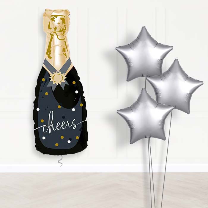 Cheers Black and Gold Bottle of Fizz Balloon Bouquet Delivery | Giant Balloon + 3 Plain Balloons | Party Save Smile
