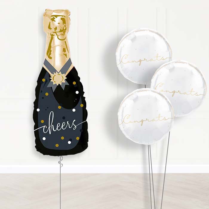 Cheers Black and Gold Bottle of Fizz Balloon Bouquet Delivery | Giant Balloon + 3 Themed Balloons | Party Save Smile