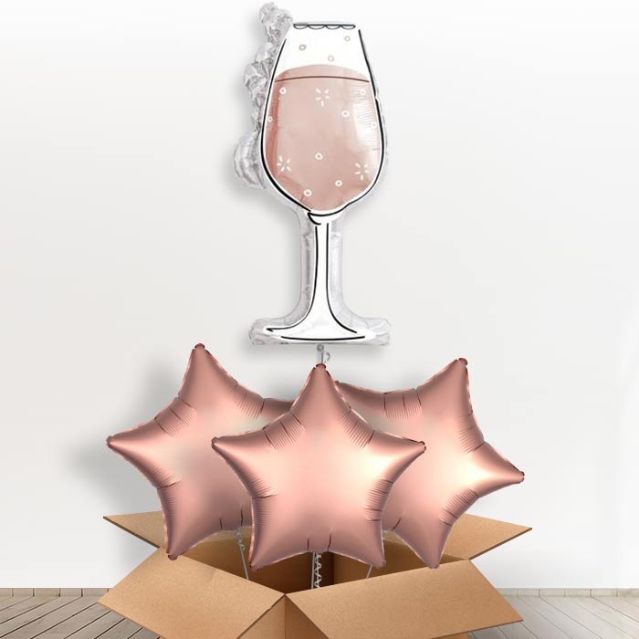 Rose Gold Wine Glass Giant Helium Balloon in a Box | Giant Balloon + 3 Plain Balloons | Party Save Smile