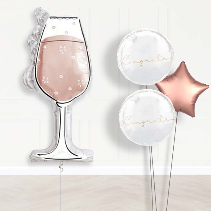 Rose Gold Wine Glass Balloon Bouquet Delivery | Giant Balloon + 2 Themed Balloons + 1 Plain Balloon | Party Save Smile