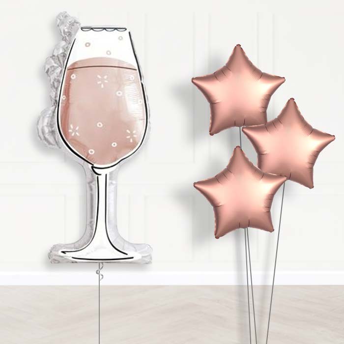 Rose Gold Wine Glass Balloon Bouquet Delivery | Giant Balloon + 3 Plain Balloons | Party Save Smile