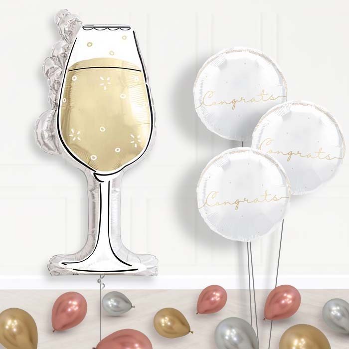 Black and Gold Wine Glass Balloon Bouquet Delivery | Giant Balloon + 3 Themed Balloons + Mini Balloons | Party Save Smile