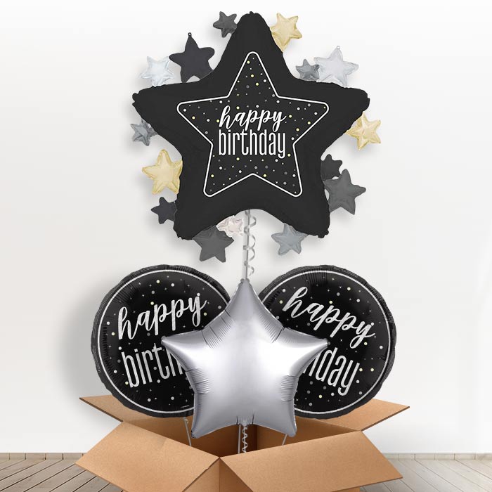 Black Happy Birthday Star Helium Balloon in a Box | Giant Balloon + 2 Themed Balloons + 1 Plain Balloon | Party Save Smile