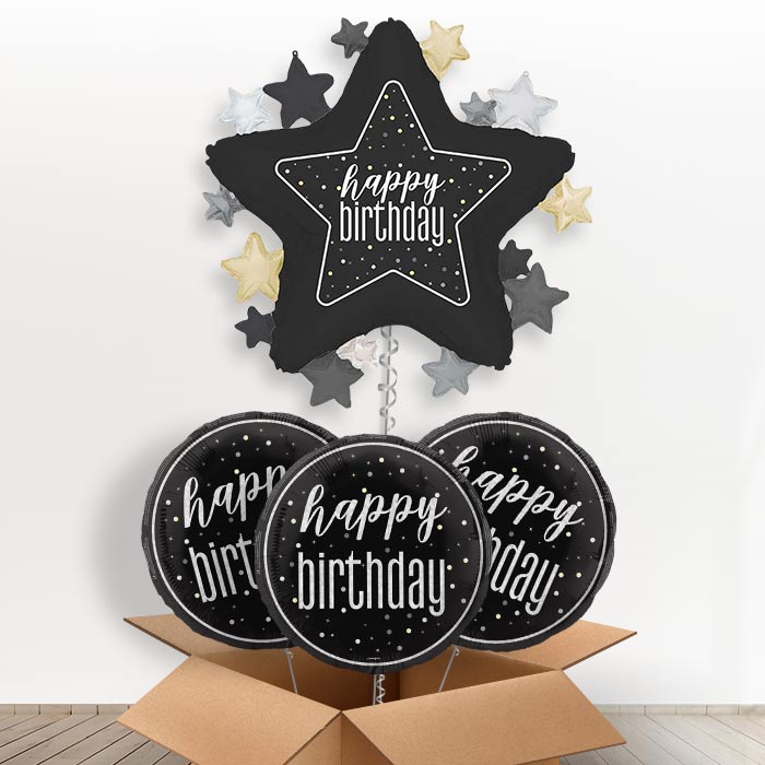 Black Happy Birthday Star Helium Balloon in a Box | Giant Balloon + 3 Themed Balloons | Party Save Smile