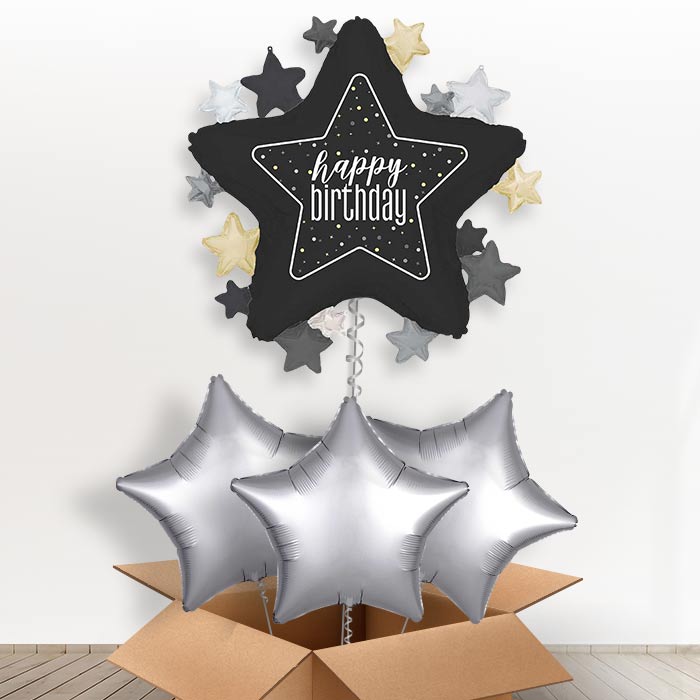 Black Happy Birthday Star Helium Balloon in a Box | Giant Balloon + 3 Plain Balloons | Party Save Smile