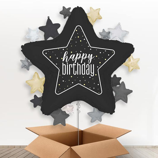 Black Happy Birthday Star Helium Balloon in a Box | Giant Balloon | Party Save Smile