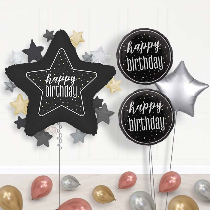 Black Happy Birthday Star Balloon Bouquet Delivery | Giant Balloon + 2 Themed Balloons + 1 Plain Balloon + Mini Balloons | Party Save Smile