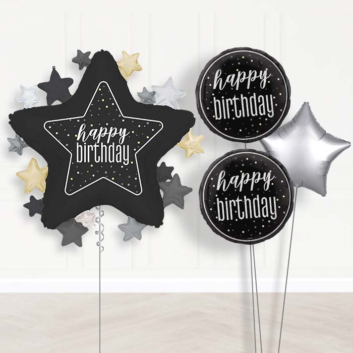 Black Happy Birthday Star Balloon Bouquet Delivery | Giant Balloon + 2 Themed Balloons + 1 Plain Balloon | Party Save Smile