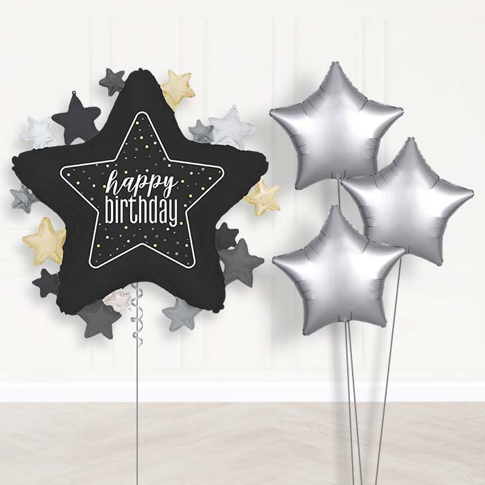 Black Happy Birthday Star Balloon Bouquet Delivery | Giant Balloon + 3 Plain Balloons | Party Save Smile