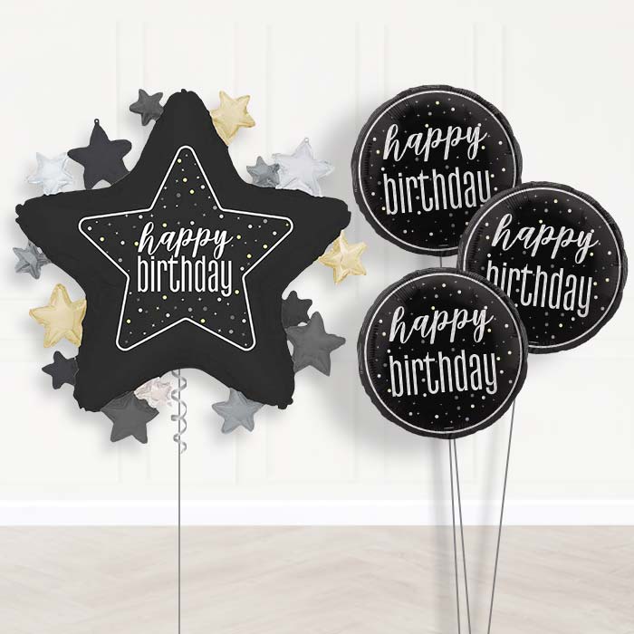 Black Happy Birthday Star Balloon Bouquet Delivery | Giant Balloon + 3 Themed Balloons | Party Save Smile