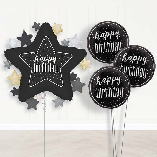 Black Happy Birthday Star Balloon Bouquet Delivery | Giant Balloon + 3 Themed Balloons | Party Save Smile