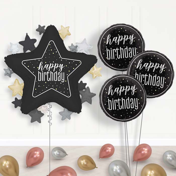 Black Happy Birthday Star Balloon Bouquet Delivery | Giant Balloon + 3 Themed Balloons + Mini Balloons | Party Save Smile