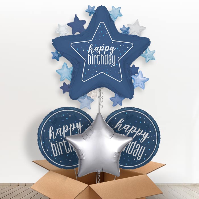 Dark Blue Happy Birthday Star Helium Balloon in a Box | Giant Balloon + 2 Themed Balloons + 1 Plain Balloon | Party Save Smile