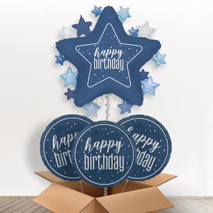Dark Blue Happy Birthday Star Helium Balloon in a Box | Giant Balloon + 3 Themed Balloons | Party Save Smile
