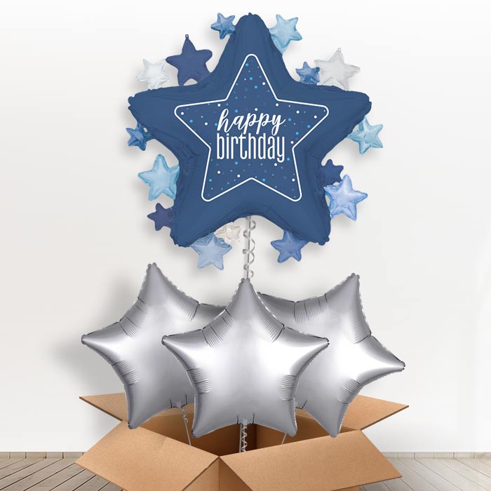 Dark Blue Happy Birthday Star Helium Balloon in a Box | Giant Balloon + 3 Plain Balloons | Party Save Smile