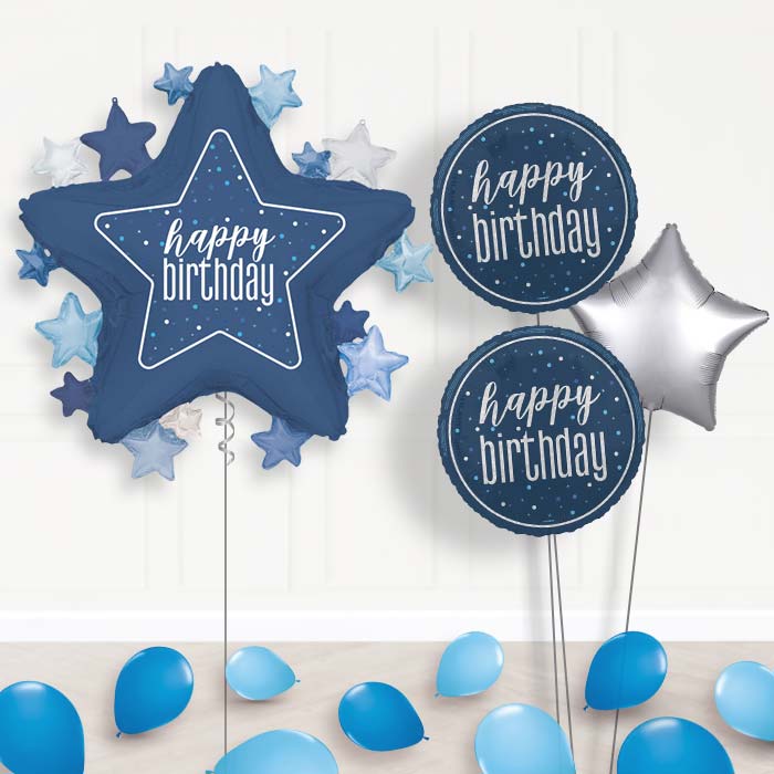 Dark Blue Happy Birthday Star Balloon Bouquet Delivery | Giant Balloon + 2 Themed Balloons + 1 Plain Balloon + Mini Balloons | Party Save Smile