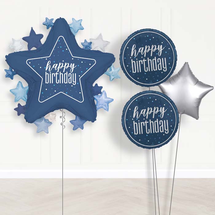 Dark Blue Happy Birthday Star Balloon Bouquet Delivery | Giant Balloon + 2 Themed Balloons + 1 Plain Balloon | Party Save Smile
