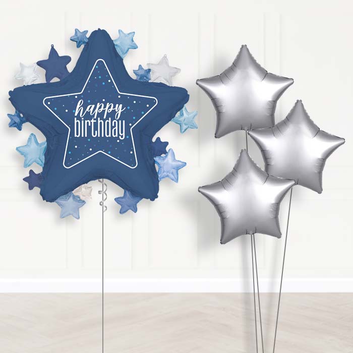 Dark Blue Happy Birthday Star Balloon Bouquet Delivery | Giant Balloon + 3 Plain Balloons | Party Save Smile