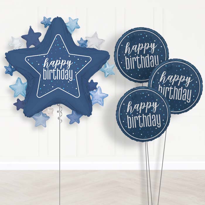 Dark Blue Happy Birthday Star Balloon Bouquet Delivery | Giant Balloon + 3 Themed Balloons | Party Save Smile