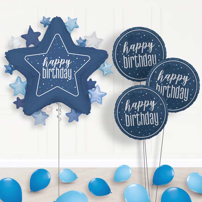 Dark Blue Happy Birthday Star Balloon Bouquet Delivery | Giant Balloon + 3 Themed Balloons + Mini Balloons | Party Save Smile