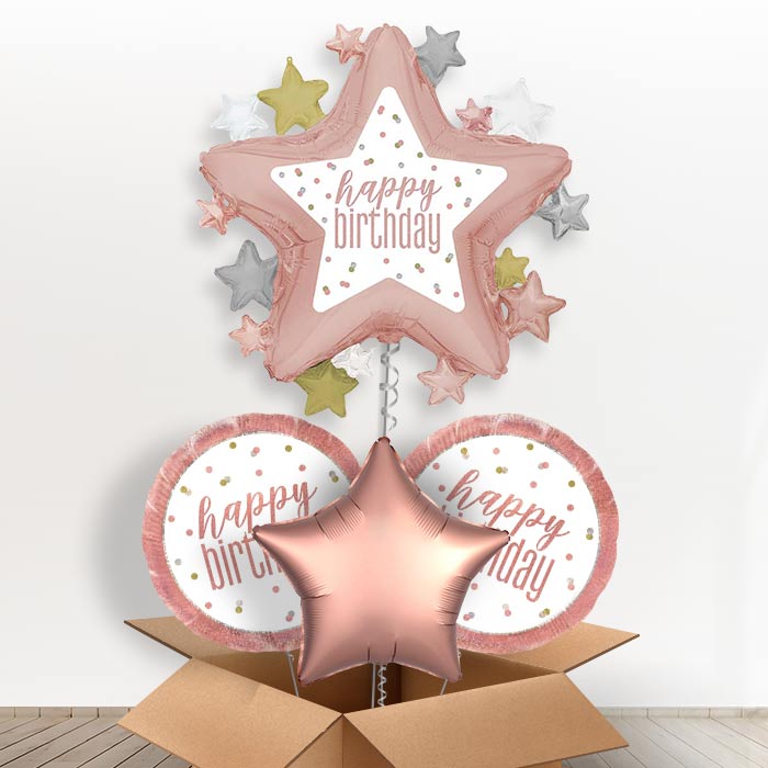 Rose Gold Happy Birthday Star Helium Balloon in a Box | Giant Balloon + 2 Themed Balloons + 1 Plain Balloon | Party Save Smile