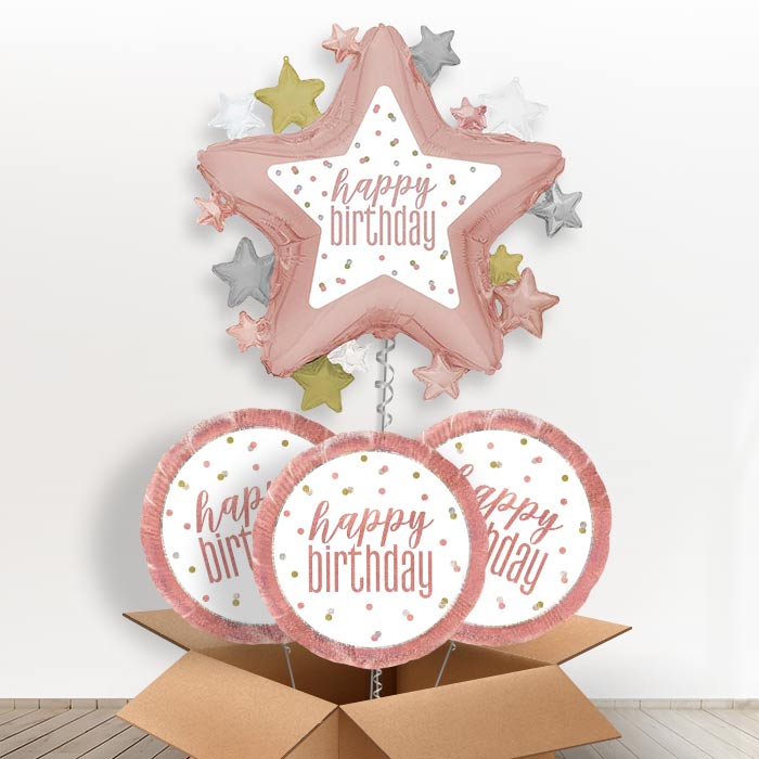 Rose Gold Happy Birthday Star Helium Balloon in a Box | Giant Balloon + 3 Themed Balloons | Party Save Smile