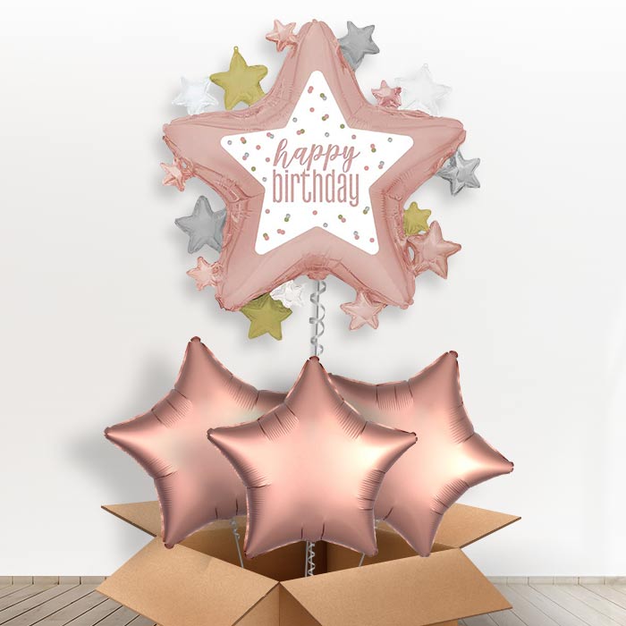 Rose Gold Happy Birthday Star Helium Balloon in a Box | Giant Balloon + 3 Plain Balloons | Party Save Smile
