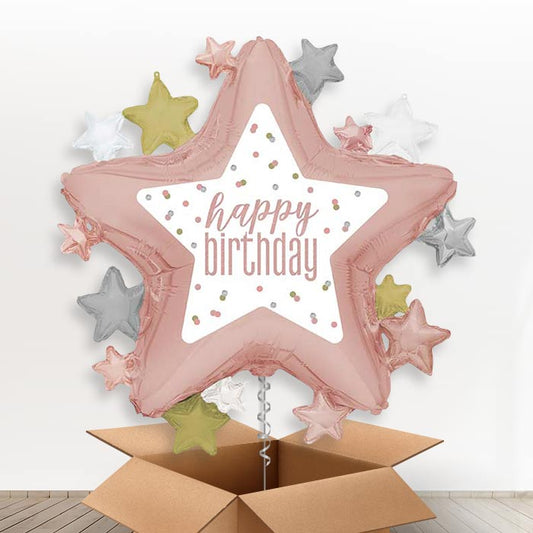 Rose Gold Happy Birthday Star Helium Balloon in a Box | Giant Balloon | Party Save Smile