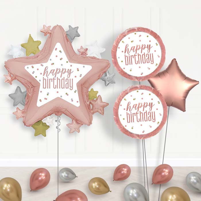 Rose Gold Happy Birthday Star Balloon Bouquet Delivery | Giant Balloon + 2 Themed Balloons + 1 Plain Balloon + Mini Balloons | Party Save Smile