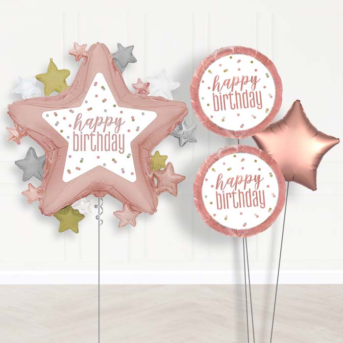Rose Gold Happy Birthday Star Balloon Bouquet Delivery | Giant Balloon + 2 Themed Balloons + 1 Plain Balloon | Party Save Smile