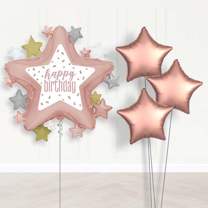 Rose Gold Happy Birthday Star Balloon Bouquet Delivery | Giant Balloon + 3 Plain Balloons | Party Save Smile