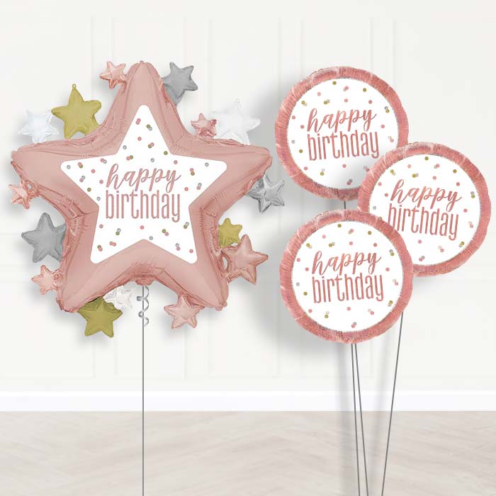 Rose Gold Happy Birthday Star Balloon Bouquet Delivery | Giant Balloon + 3 Themed Balloons | Party Save Smile