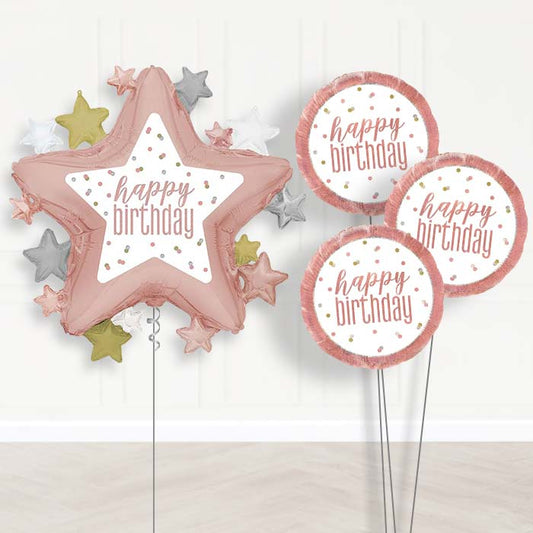 Rose Gold Happy Birthday Star Balloon Bouquet Delivery | Giant Balloon + 3 Themed Balloons | Party Save Smile