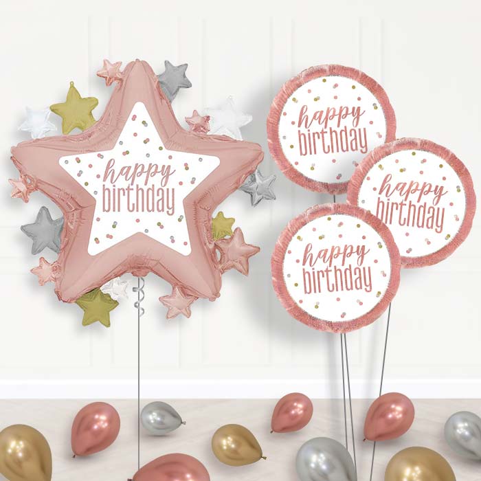 Rose Gold Happy Birthday Star Balloon Bouquet Delivery | Giant Balloon + 3 Themed Balloons + Mini Balloons | Party Save Smile