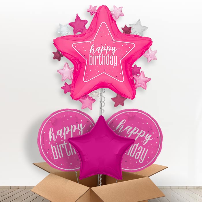 Dark Pink Happy Birthday Star Helium Balloon in a Box | Giant Balloon + 2 Themed Balloons + 1 Plain Balloon | Party Save Smile