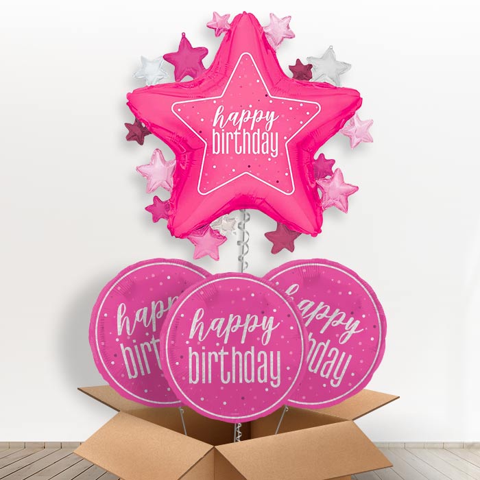 Dark Pink Happy Birthday Star Helium Balloon in a Box | Giant Balloon + 3 Themed Balloons | Party Save Smile