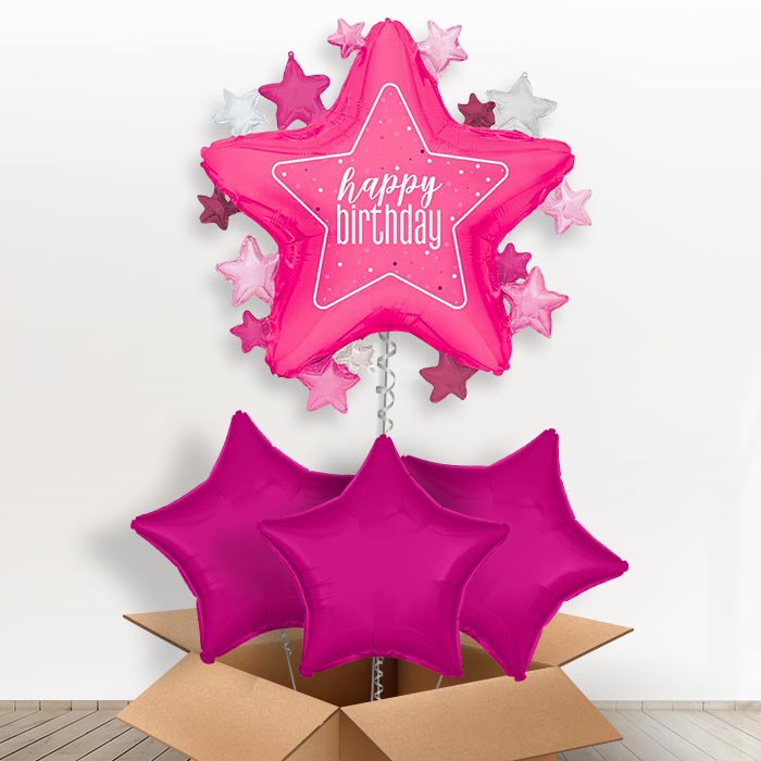 Dark Pink Happy Birthday Star Helium Balloon in a Box | Giant Balloon + 3 Plain Balloons | Party Save Smile
