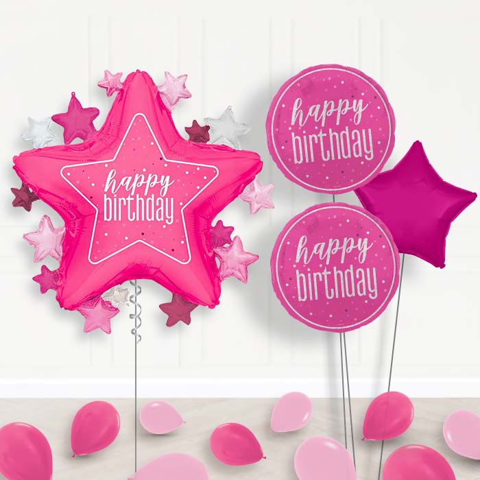 Dark Pink Happy Birthday Star Balloon Bouquet Delivery | Giant Balloon + 2 Themed Balloons + 1 Plain Balloon + Mini Balloons | Party Save Smile