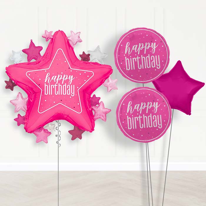 Dark Pink Happy Birthday Star Balloon Bouquet Delivery | Giant Balloon + 2 Themed Balloons + 1 Plain Balloon | Party Save Smile