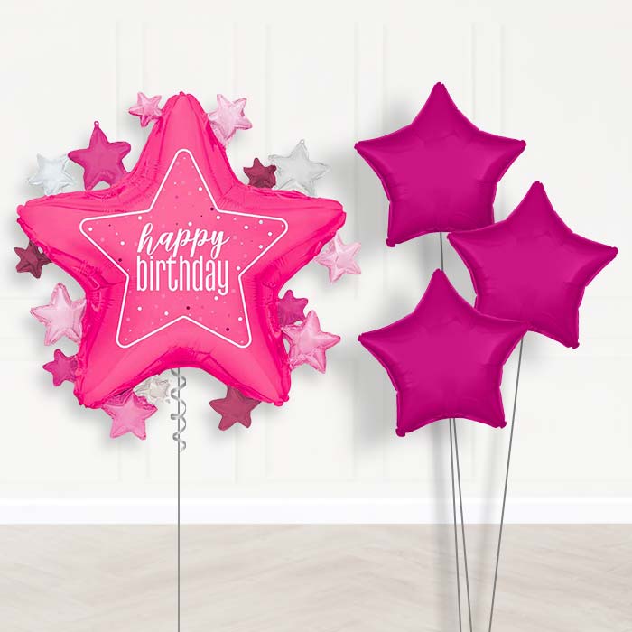 Dark Pink Happy Birthday Star Balloon Bouquet Delivery | Giant Balloon + 3 Plain Balloons | Party Save Smile