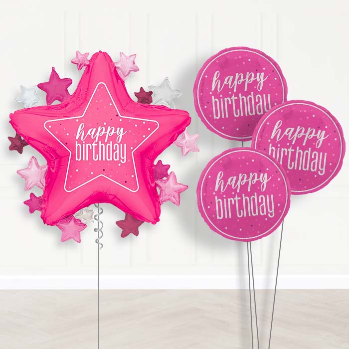 Dark Pink Happy Birthday Star Balloon Bouquet Delivery | Giant Balloon + 3 Themed Balloons | Party Save Smile