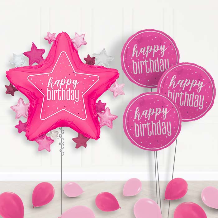 Dark Pink Happy Birthday Star Balloon Bouquet Delivery | Giant Balloon + 3 Themed Balloons + Mini Balloons | Party Save Smile