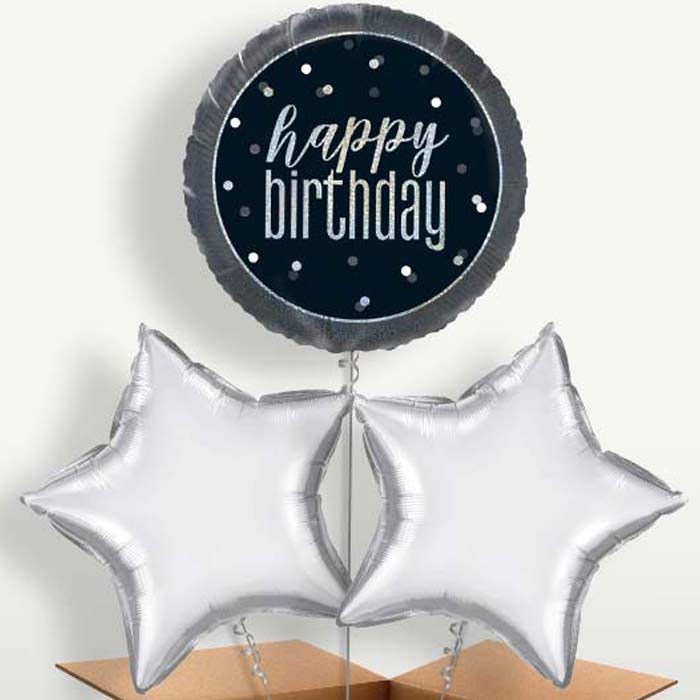 Black & Silver Holographic Happy Birthday Bunch of Balloons | Party Save Smile