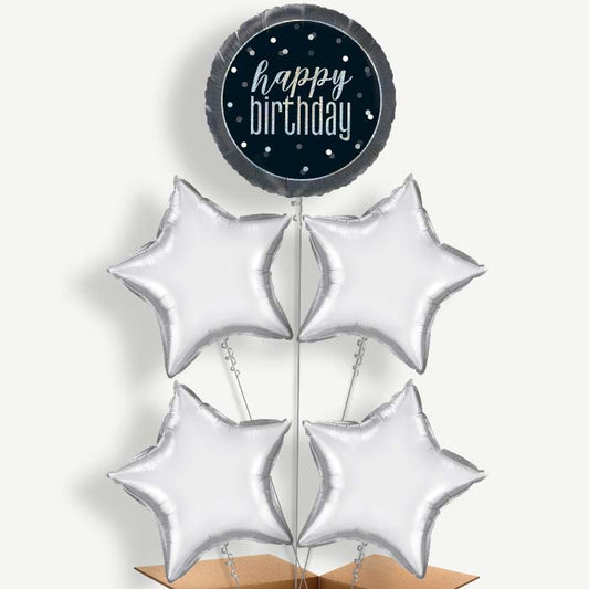 Black & Silver Holographic Happy Birthday Balloon Cluster | Party Save Smile