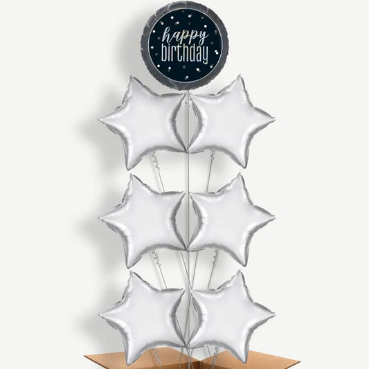 Black & Silver Holographic Happy Birthday Balloon Arrangement | Party Save Smile