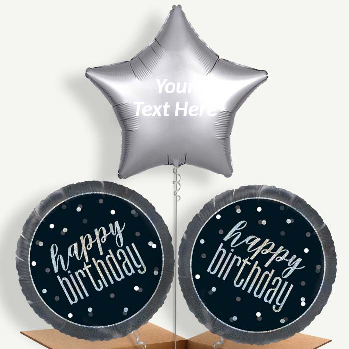 Personalisable Black & Silver Holographic Birthday Helium Balloons | Party Save Smile